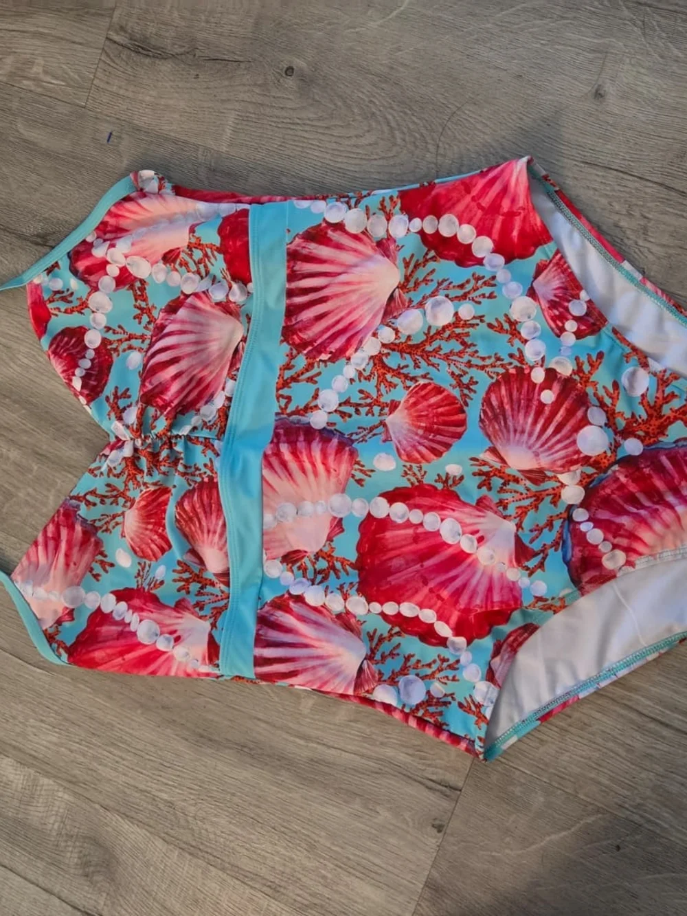 One-Piece Swimsuit in Teal with Pink Shell Print. Plus Size 1X